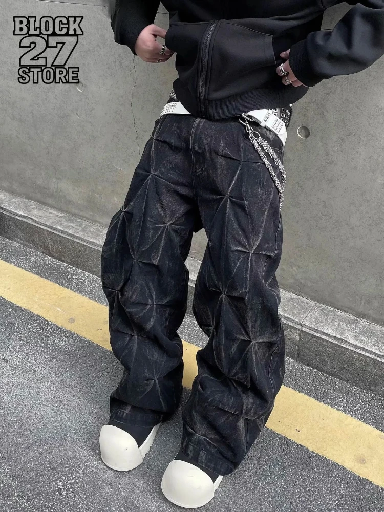 Mens Jeans Harajuku Y2K Streetwear Black Pleated Baggy Denim Pants High Street Hip Hop Wide Leg Loose Fit Casual Fashion Trend