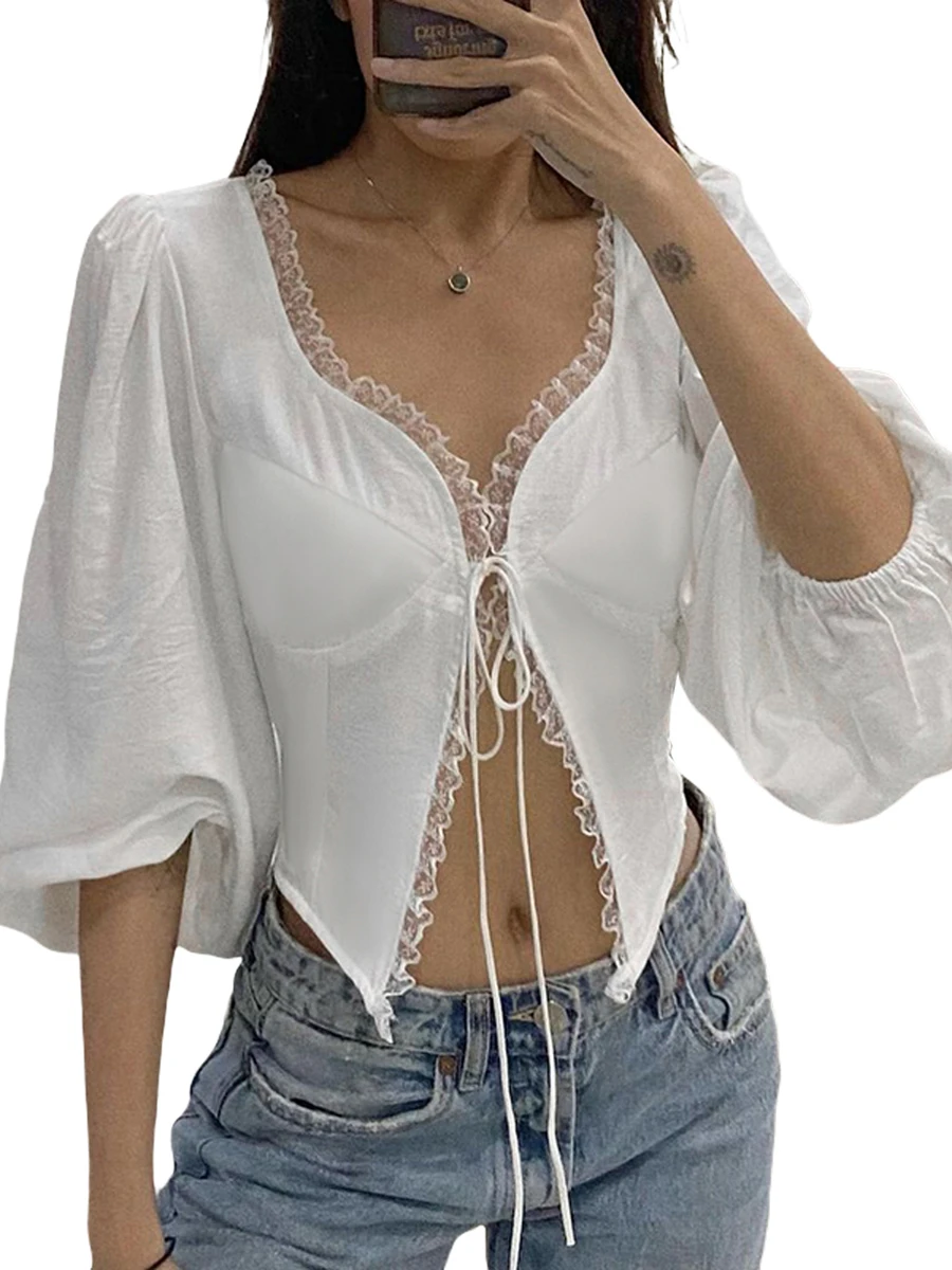 

Women s Sexy See Through Crop Tops Fashion New Slim Crop Tops Summer Blue Long Sleeve Deep V Neck Tie Up Blouses
