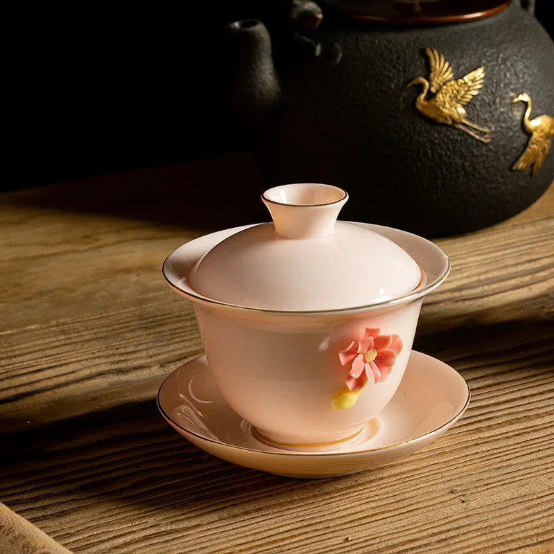 Flower Language Covered Bowl Hand Pinched Flower Bubble Tea Bowl for Girls Girlfriend Gift Ladies Chinese Kung Fu Tea Set