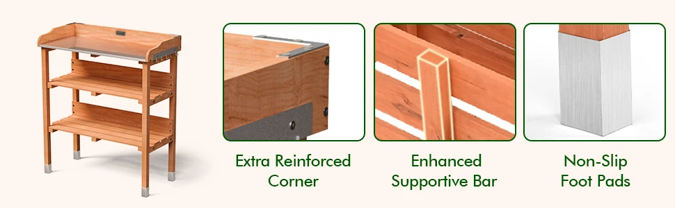 wood potting bench with storage shelf