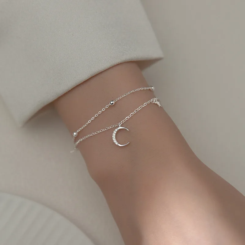 Silver Bracelet 925 Sterling Silver Star Moon Bracelet Geometric Double Layer Party Gift Women Jewelry