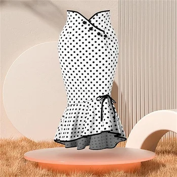 2025 Midi Skirt Womens Ruffles Bodycon Fishtail Skirt Retro Polka Dot Casual Party Pencil Skirt Midi Wrap Skirt Plus Size Skirts 1