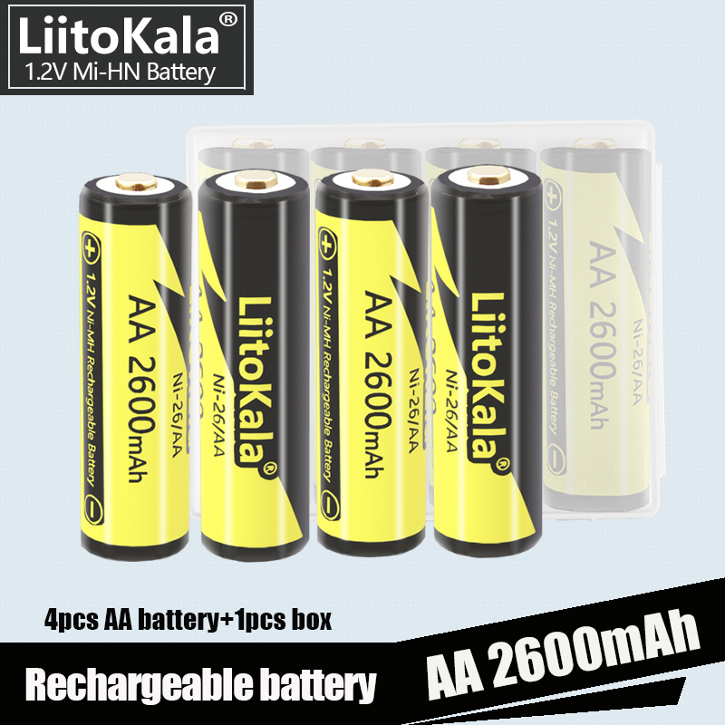 4PCS LiitoKala AA Battery 2600mAh 1.2V 2A Ni-Mh Double A Rechargeable Batteries And 1PC AA Flashlight Toys Battery Case Boxes