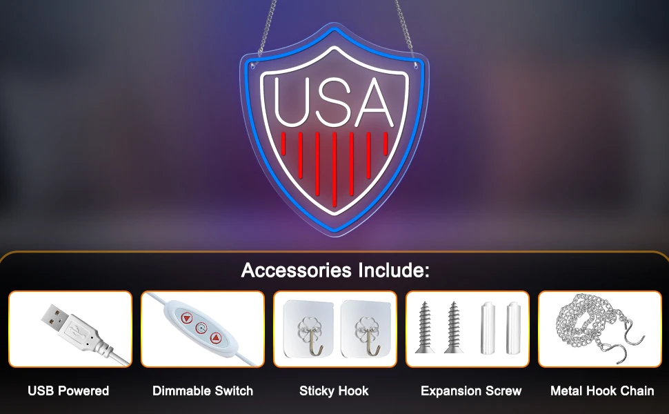 Description Picture 4 of itemUSA Medal LED Neon Sign USB Powered Dimmer Switch Wall Decor Night Light For Room Bar Garage Club Man Cave Independence Day Gift