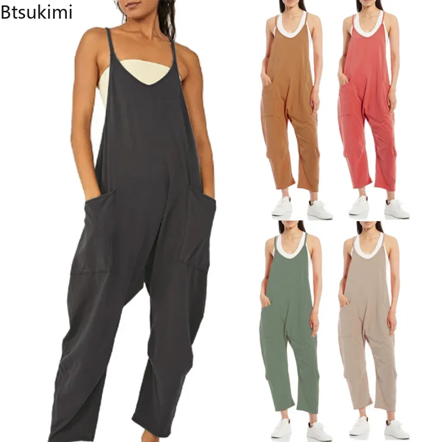 

2024 Women's Casual Oversized Jumpsuit with Big Pocket Spring Summer Vintage Loose Wide Leg Overall Jumpsuit Playsuits Female