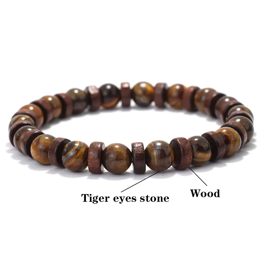 Natural Wooden Tiger Eyes Lava Beaded Men Bracelet