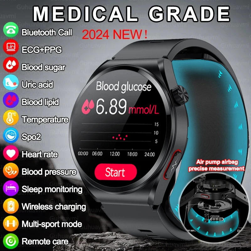 Air pump+air bag type Smart Watch blood pressure ECG+PPG blood sugar blood fat uric acid monitor Health medical grade Smartwatch