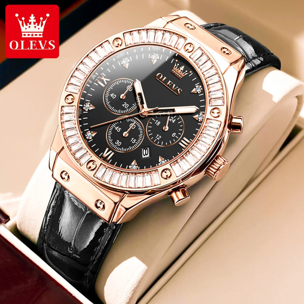 

OLEVS Brand Luxury Chronograph Quartz Watch for Women Leather Strap Waterproof Luminous Calendar Fashion Crystal Watches Womens