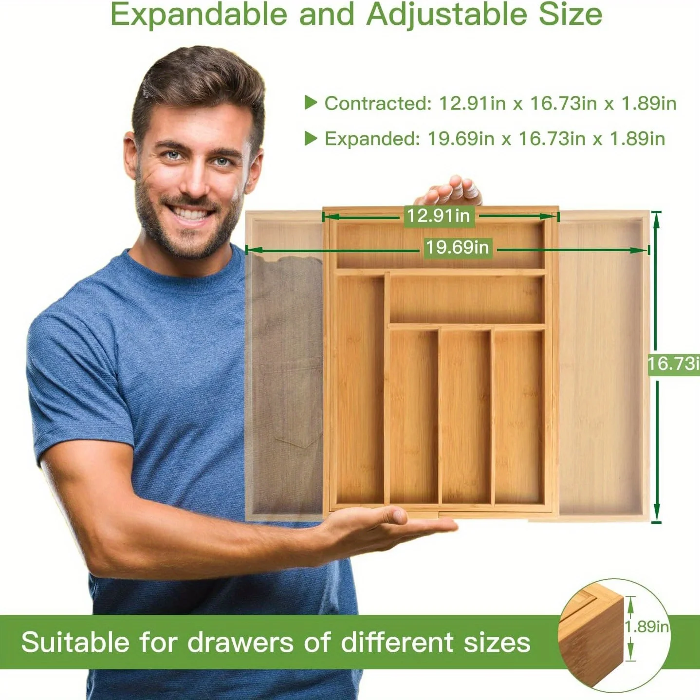 Adjustable Expandable Bamboo Drawer Organizer for Kitchen,Bedroom or Living Room-Ideal for Organizing Cutlery,Silverware& Knives