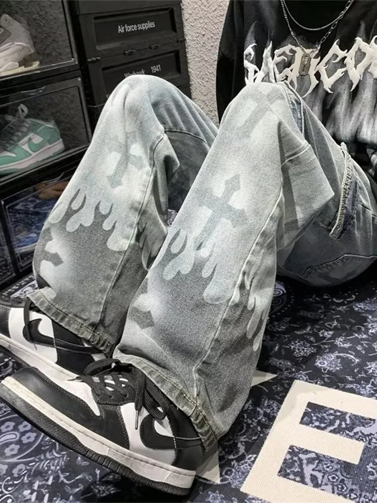 Women Jeans Pants Ins High Street Fashion Cargo Trousers Hiphop American Vibe Style Overalls Gothic Punk Cross Print Jeans Women pink multi pocket overalls jeans female y2k punk hip hop gothic loose fashion jeans 2023 autumn new american retro high street