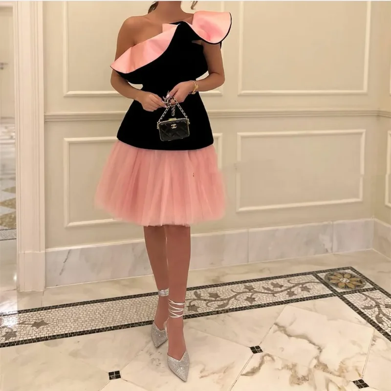

Elegant Pink Short Dress Sleeveless One Shoulder Backless Evening Gowns Formal Evening Party Prom Dresses Customized