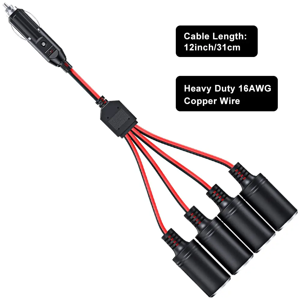 Extractme 16AWG 1 to 4 Car Cigarette Lighter Splitter Adapter Power Charger Port 12V/24V Cigarette Lighter Extension Cord Cable 3