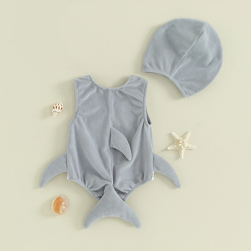Halloween Baby Shark Costume Rompers Infant Boys Girls Mouth Print Sleeveless Bodysuit with Hat 4
