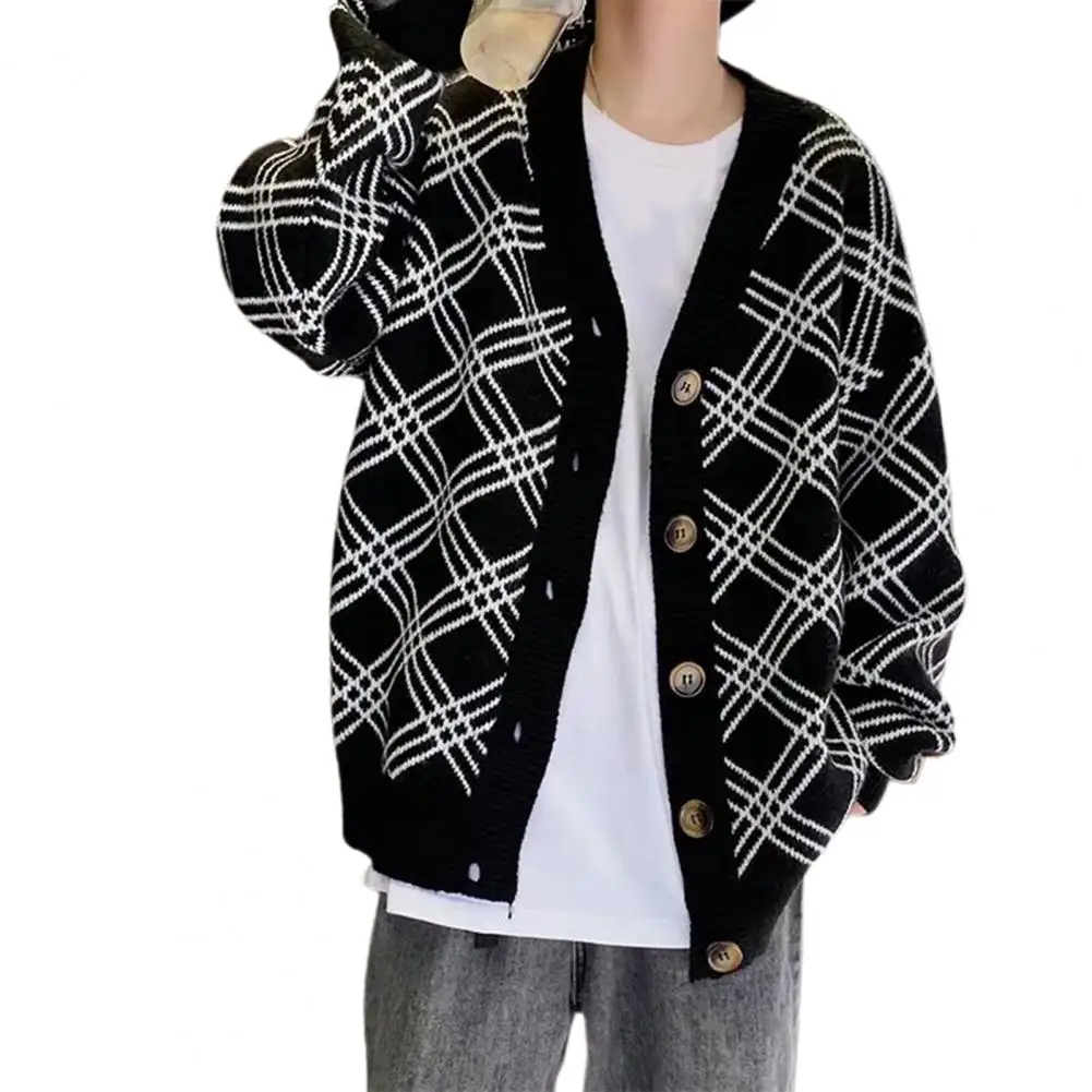 Autumn Men Cardigan Plaid Print Long Sleeves V Neck Sweater Coat Single-breasted Keep Warm Anti-shrink Male Jacket For Outdoor