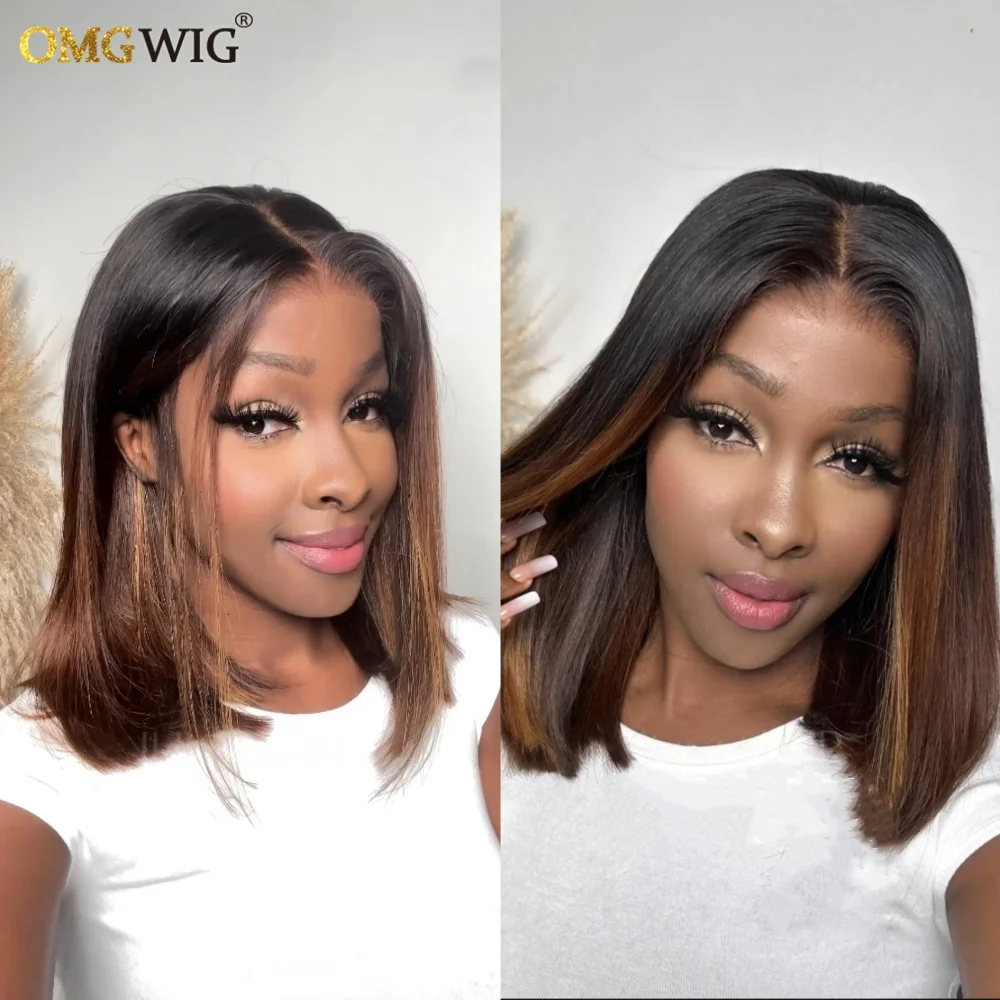 Brown Ombre Pre-Cut Lace Shoulder Lengh Straight Bob Human Hair Wig 360 Lace Glueless Wig With Natural Hairline Brazilian Remy