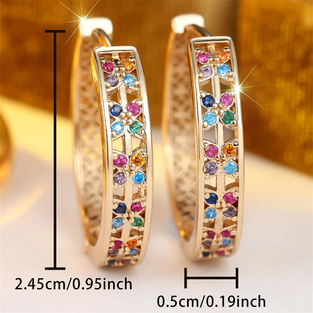 Multicolor Zircon Round Stone Small Flower Hoop Earrings For Women Vintage Gold Color Engagement Ear Buckle Wedding Jewelry Gift
