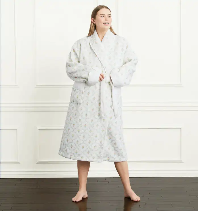 Hirigin Women Floral Fruit Plush Robes Long Sleepwear Fleece Plush Bathrobe Print V Neck Cute Casual Ladies Loungewear