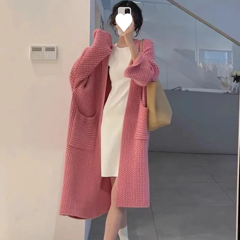 

Lazy Pink Small Sweater Coat for Women Spring and Autumn Mid-Length Loose Knitted Cardigan Outer Wear Soft Glutinous