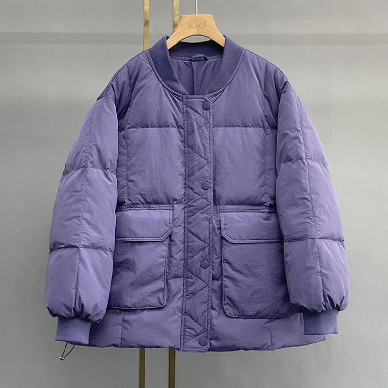 

Baseball Collar down Jacket Women's Short 2023 New Large Pocket Loose White Duck down Thickened Casual Small Coat