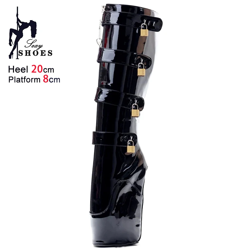 Woman ballet Boots Hoof Sole Heelless Fetish Gold Shoes 20CM High Heel Platform Knee High Lockable Slave Boots Big Size 44 45 46