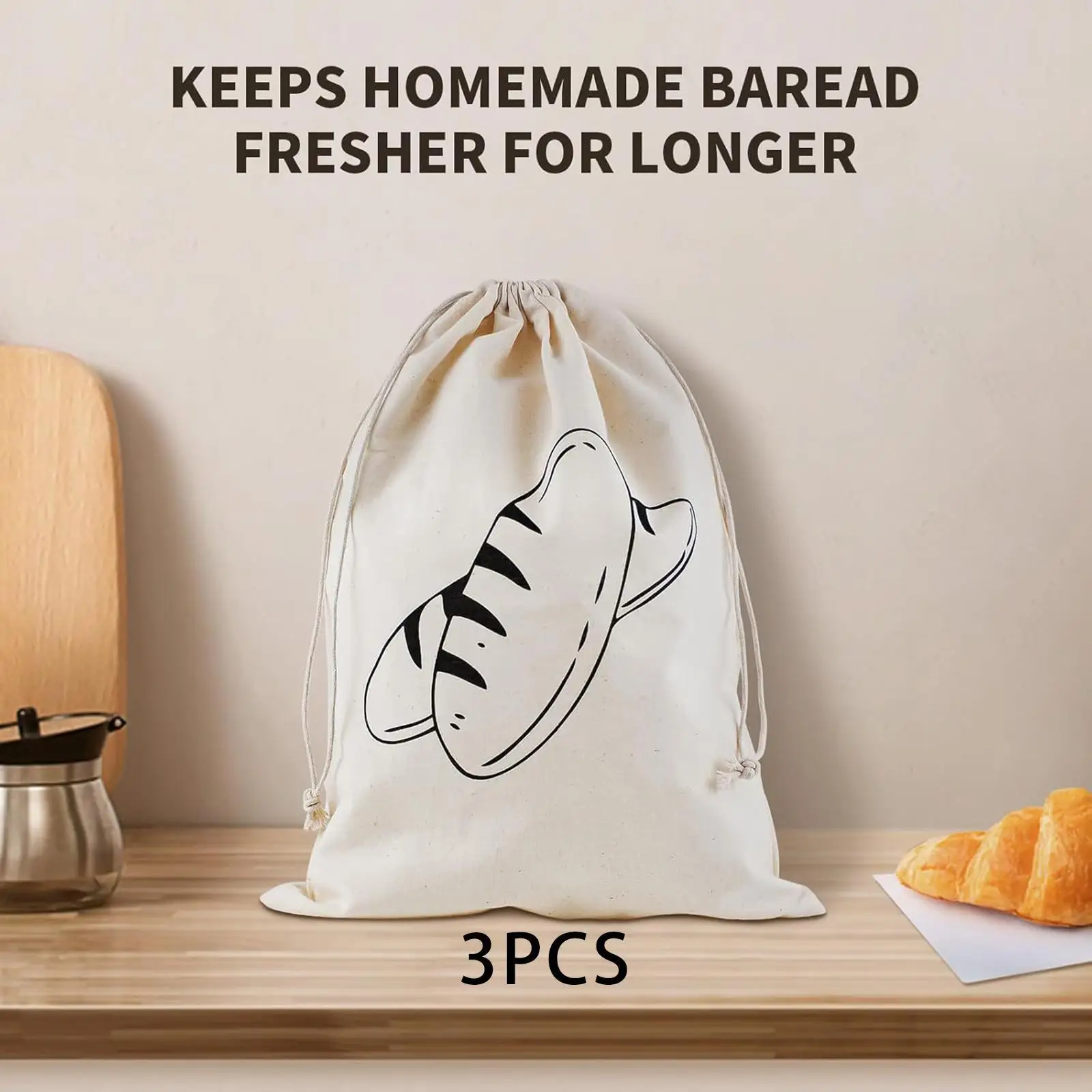 3 Pieces Bread Bags Linen Bags Kitchen Accessories with Drawstring Totes for Household Cafe Family Gatherings Bakery Kitchen