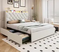 Queen Size Bed Frame with 4 Drawers & Storage Headboard, Upholstered Platform Bed with LED Lights & Charging Station, Beige