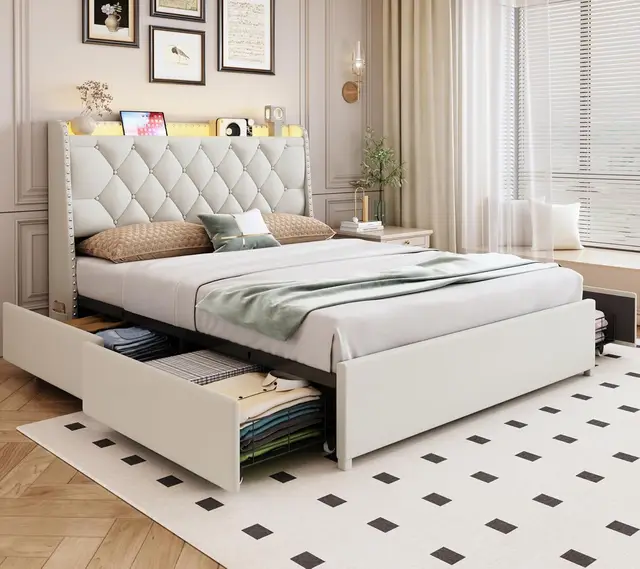 Queen Size Bed Frame with 4 Drawers & Storage Headboard, Upholstered Platform Bed with LED Lights & Charging Station, Beige