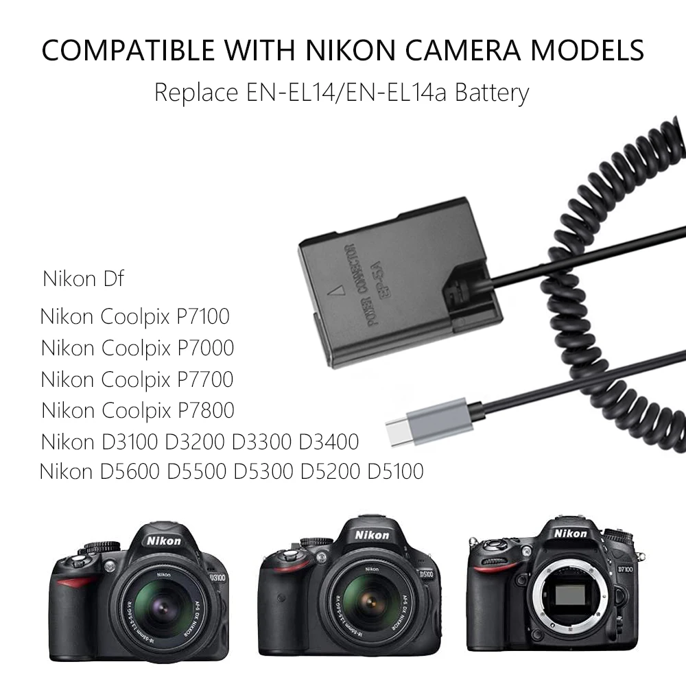 Explopur EN-EL14 a fittizia Adattatore accoppiatore USB-C Accoppiatore a fittizia con cavo di alimentazione a molla USB Type-C di ricambio per D3100 D3200 D3300 D3400 D3500 D5100