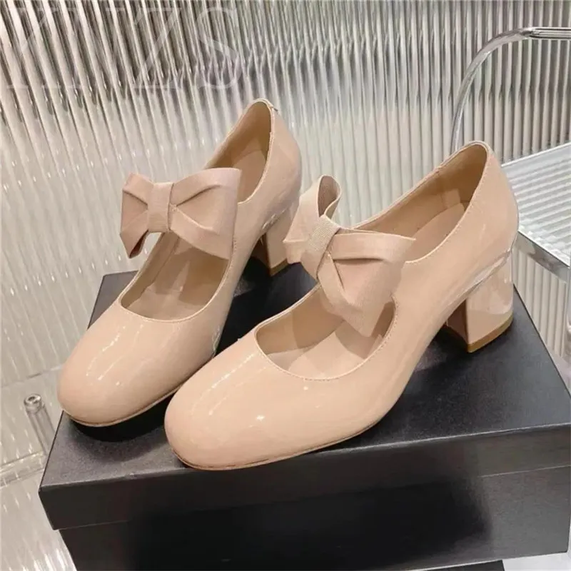 

Spring Summer New Round Toe Mary Janes Pumps Fashion Chunky Heel Concise Genuine Leather Bow-knot Decor Party Women Shoes 2024