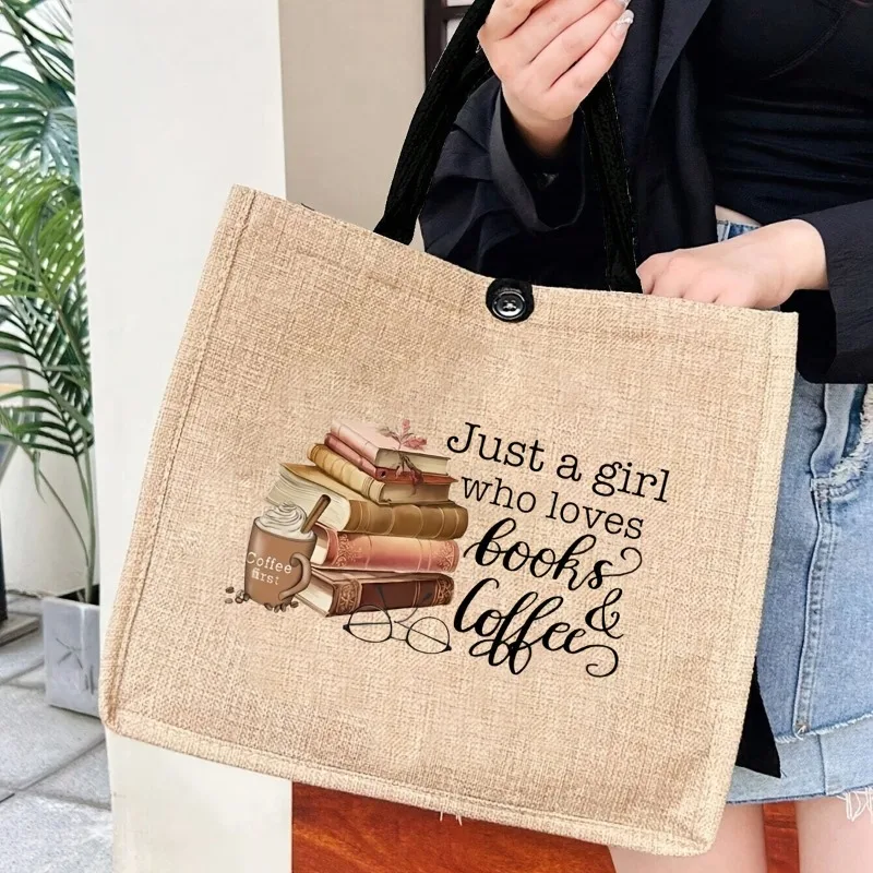 Chic Khaki Linen Beach Tote Bag with Coffee Books Print Lightweight Fashionable Handbag Shopping Bag for Women Daily Use Travel