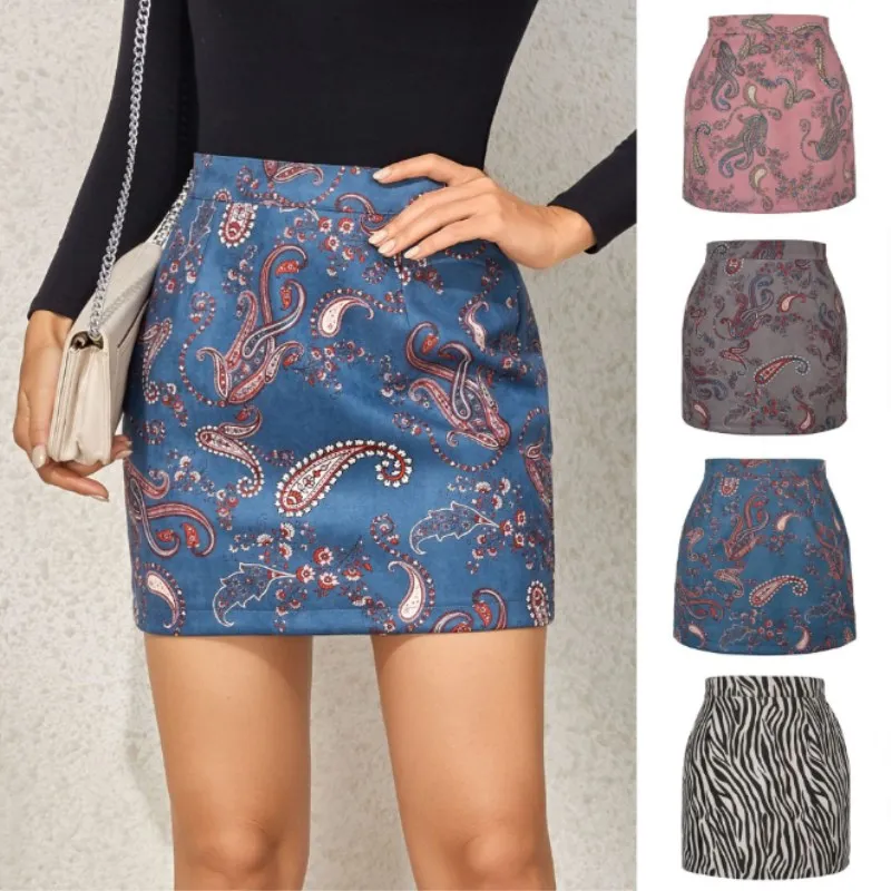 sequin skirt 2021 Women's Suede Printed Skirt European  American Autumn Winter Fashion Cashew Flower Zipper A-shaped Skirt Girl Pink skirt and top