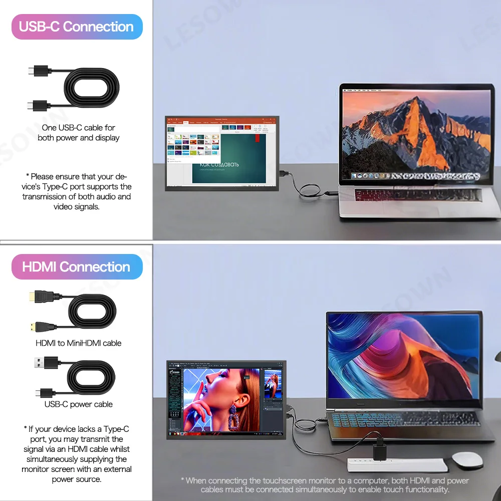 LESOWN 소형 휴대용 모니터 10.1'' IPS 1280x800 USB C HDMI 노트북 보조 화면 문서 작업용 외부 디스플레이 PC