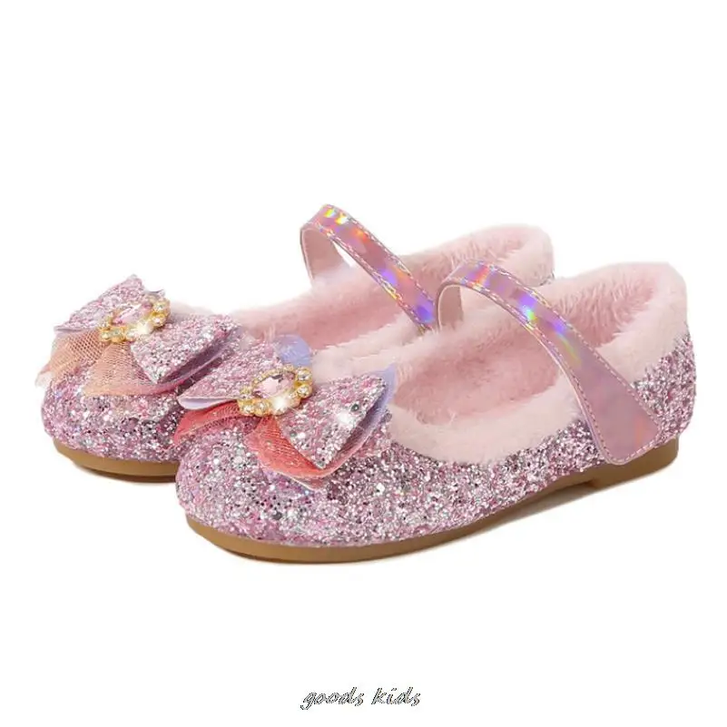 Disney Princess Elsa Fashion Autumn Winter Girls Shoes Warm Cotton Plush Fluffy Fur Kids Flats Children Loafers Birthday Gift