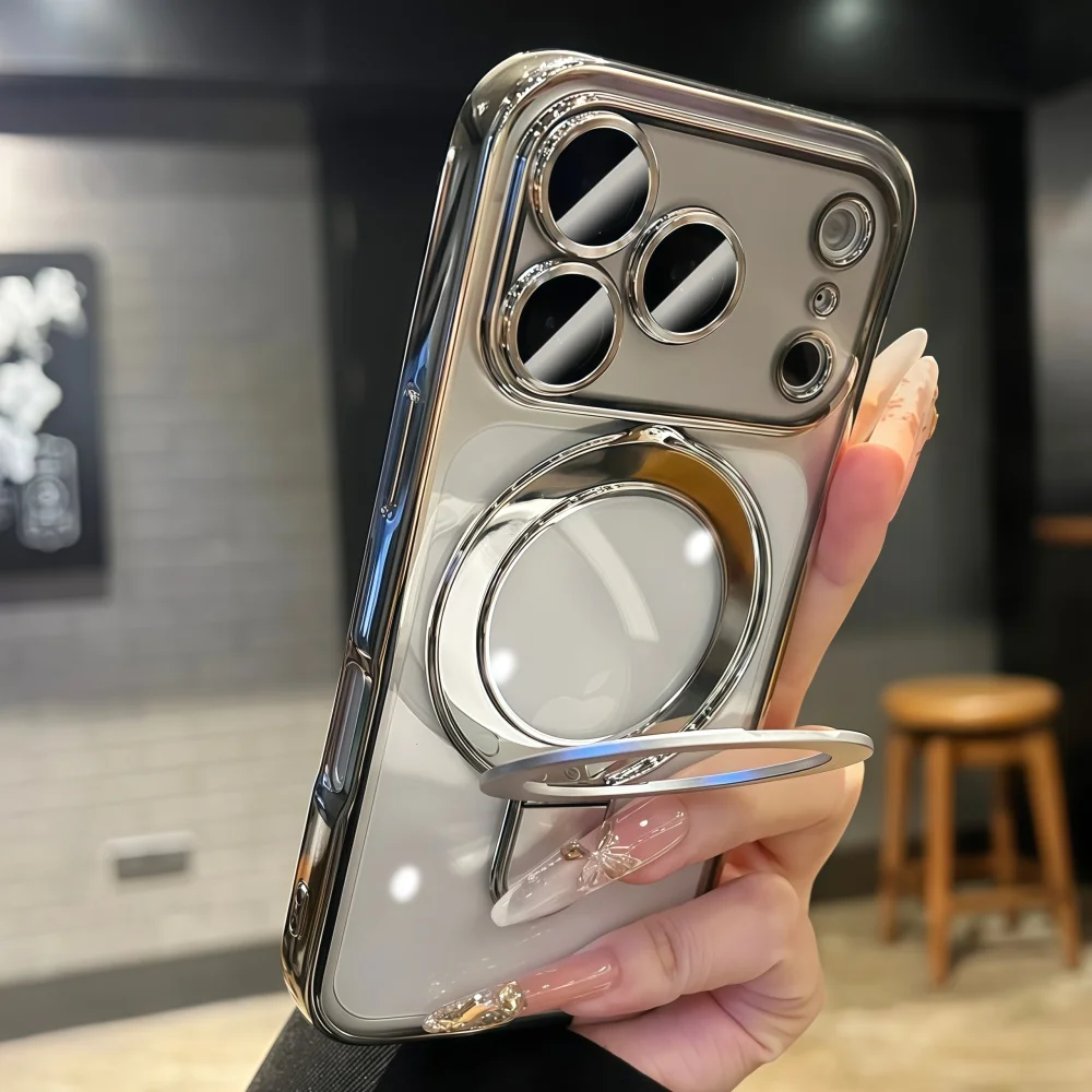 Transparent Fold Holder Phone Case with Magsafe Magnetic Cover and Glass Lens Film