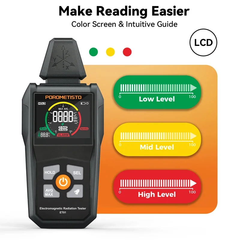 3 in 1 Electromagnetic Radiation Tester Temp/Electric Field/Magnetic Field Radiation Detector 9999 Displays Handheld EMF Meter emf meter tester