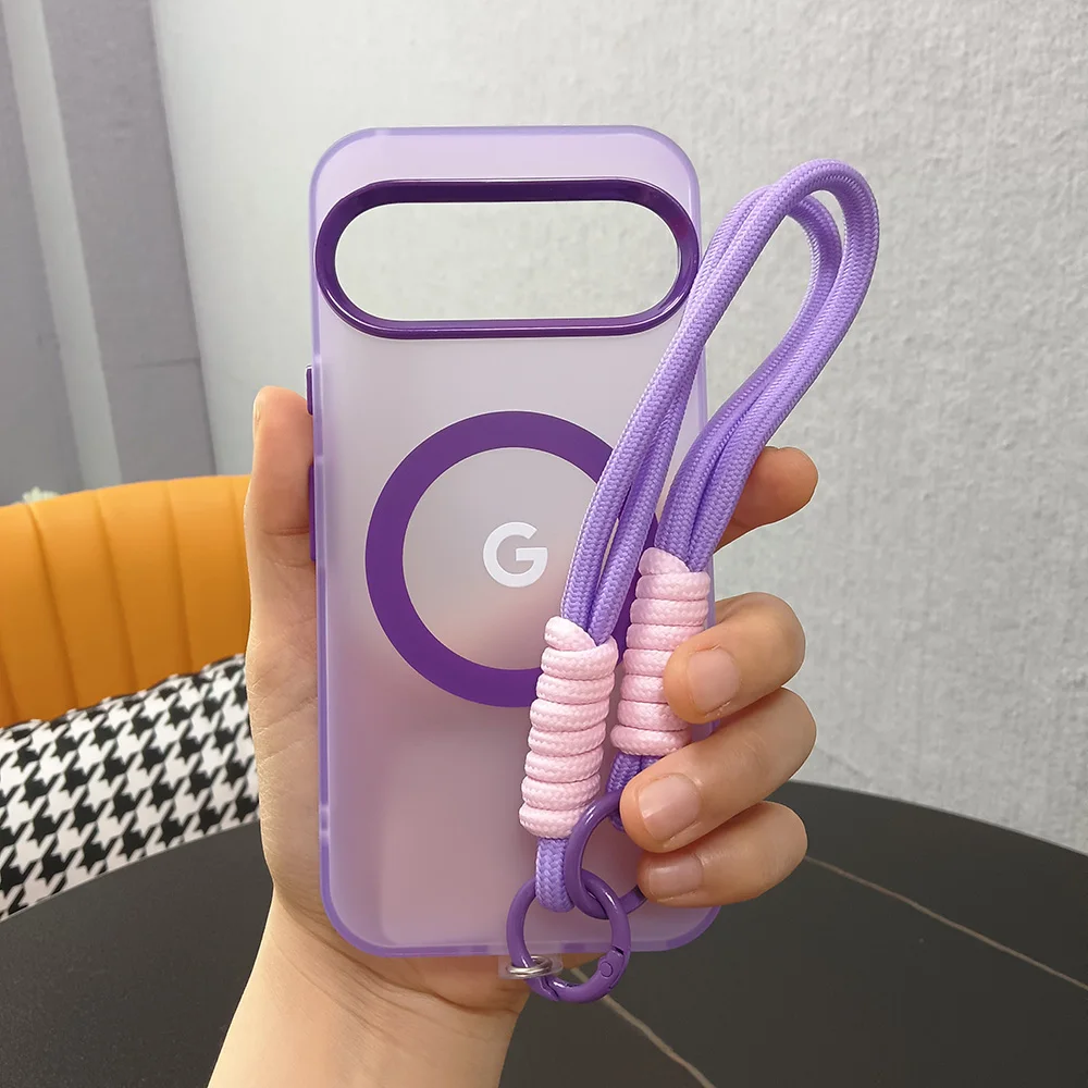 Wrist Lanyard Matte Candy Colored Magnetic Case For Google Pixel 9 8 Pro XL 10 9a 8a For Magsafe Charging PC Translucent Cover 5
