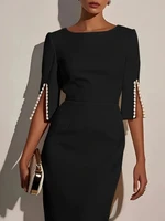 Women's Solid Color Elegant Round Neck Half Sleeve Beaded Decorated Slim Fit Midi Dress - Image 3
