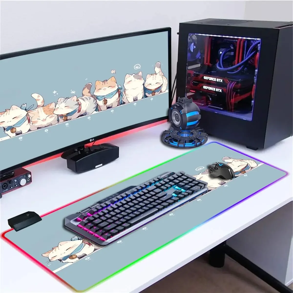 Anime Blue RGB Gaming Mouse Pad Large LED Light Desk Mat Non-Slip Base Laptop Mat Cute Animal Cats Mousepad Big Computer