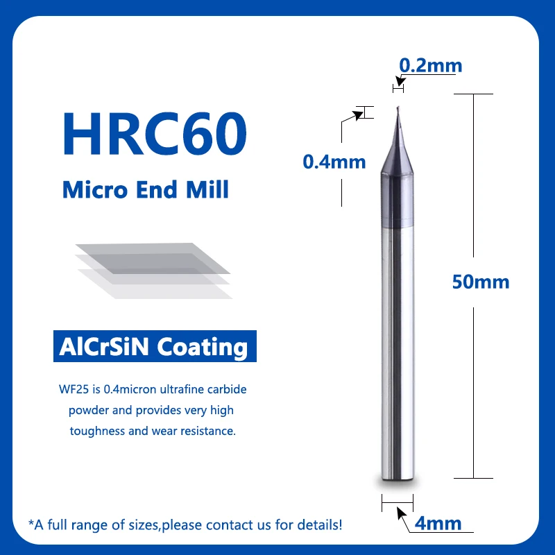 

1PC HRC60 Micro Square End Mill 2 Flutes 0.2-0.9mm TiAIN Micro Flat 4mm Shank Milling Cutter Mirco Carbide CNC Engraving Bit