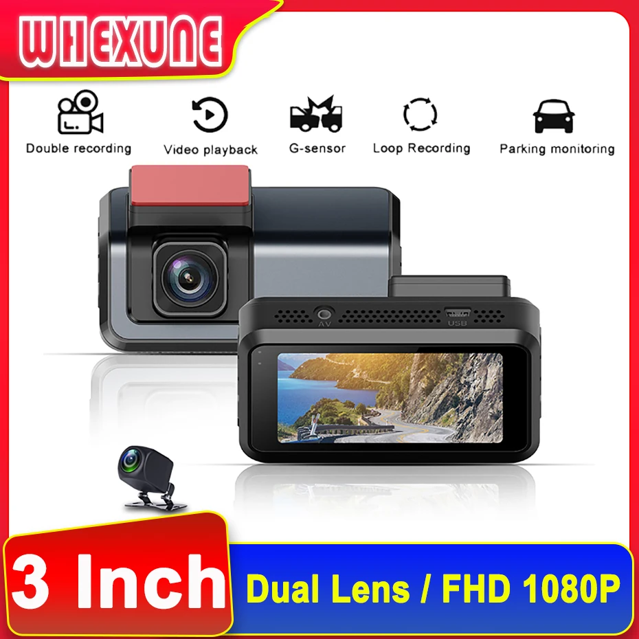 

3 Inch Dual Lens 1080P Car Dash Cam Cameras Mini Video Recorder Supports Motion Detection G-sensor 24 Hours Parking Monitor DVRs