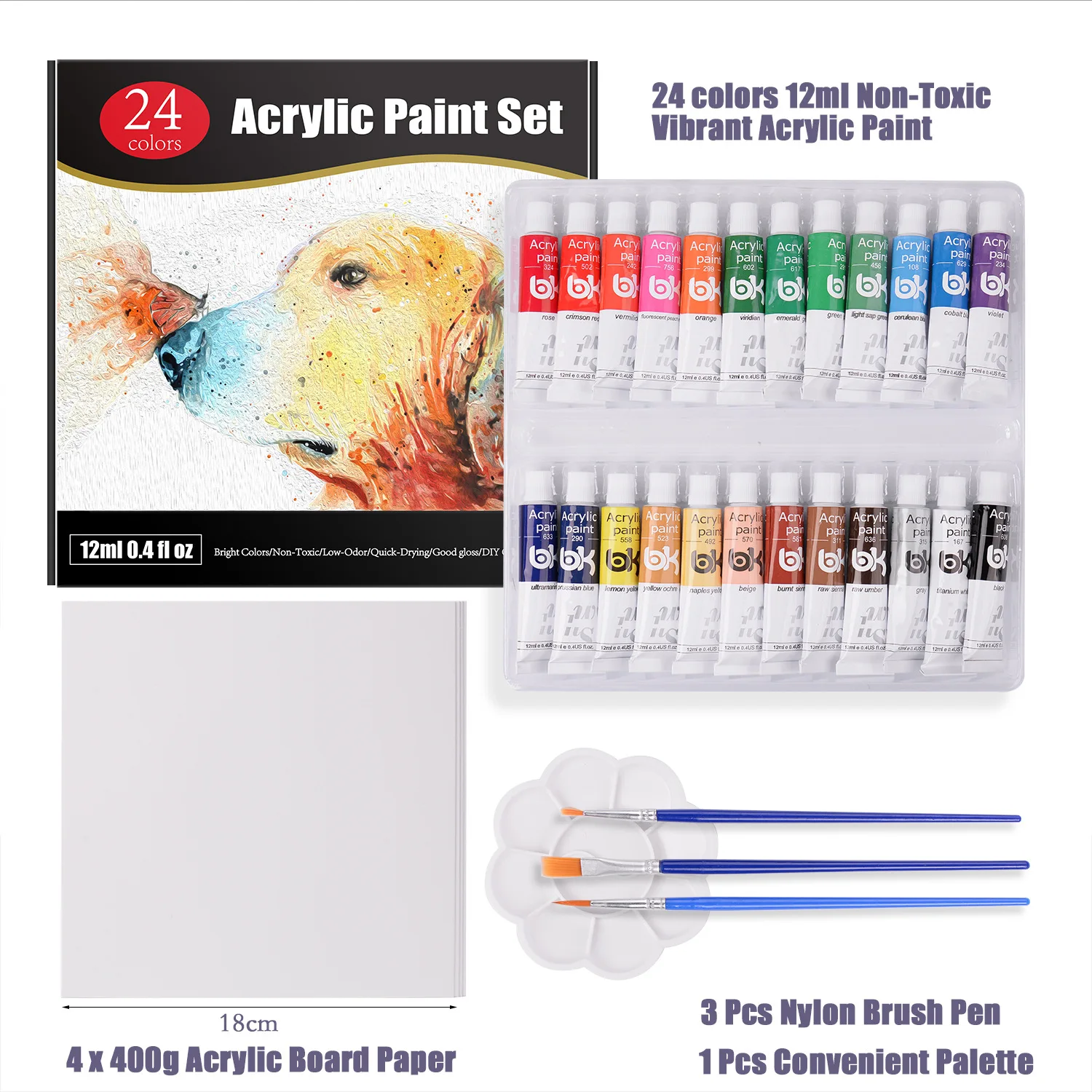 Acrylic Paints 24 Colors Professional   12ml /Tubes. Artist  Painting Pigment Hand Painted Wall Paint DIY Gift palette. Brush