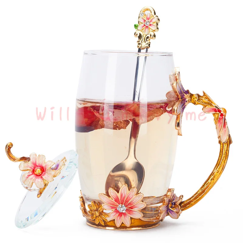 

Red Rose Enamel Crystal mug Flower Tea Glass High-grade Glass Cup Flower Mug with Handgrip Perfect Gift For Lover Wedding