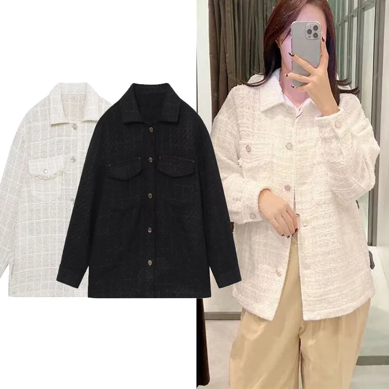 

TRAF Woman Texture Shirt Jacket Vintage Lapel Long Sleeves Button Up Jacket 2024 Spring Autumn Casual Pocket Jacket Outerwears