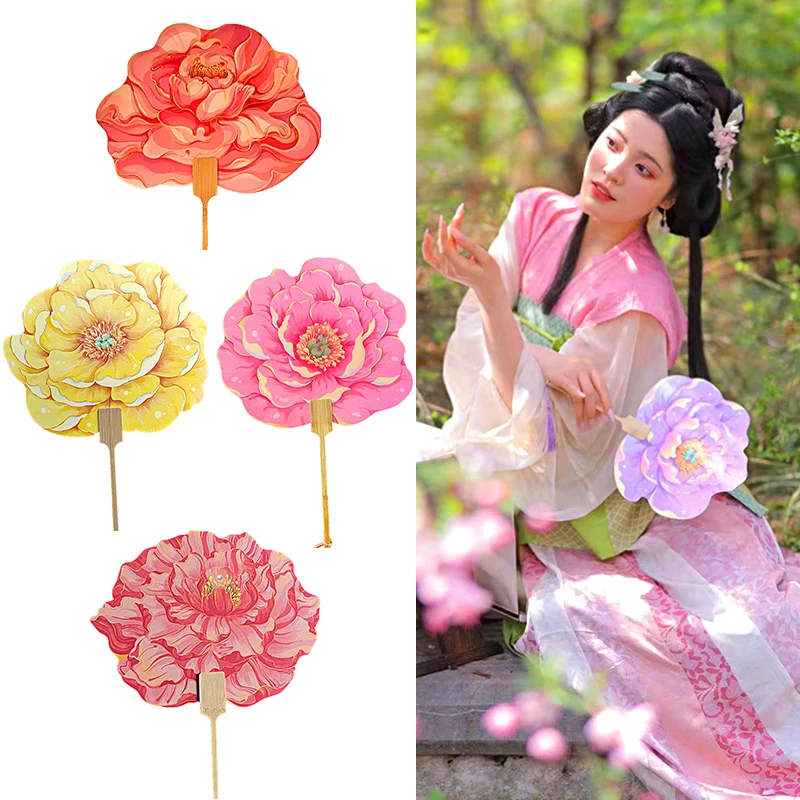 Fan Flower Shape Vintage-Peony-Flower-Shaped-Fan-Chinese-Style-Wooden-Handle-Hand-Held ...