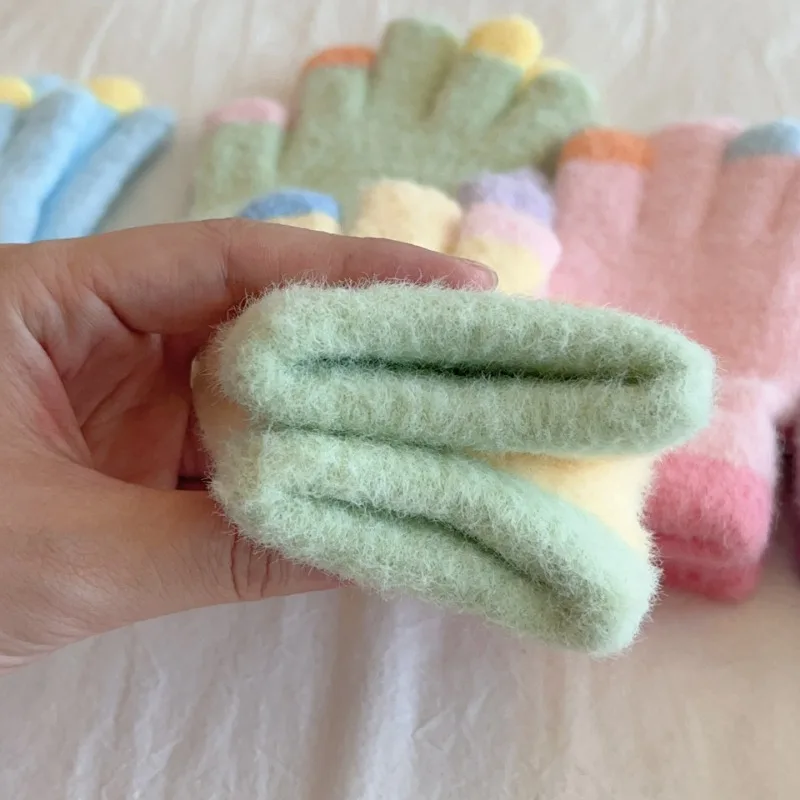 Candy Colour System Plush Kids Gloves Kids Winter Cold Warm Thickened Gloves Children Windproof Five-finger Glof Coloured Glof