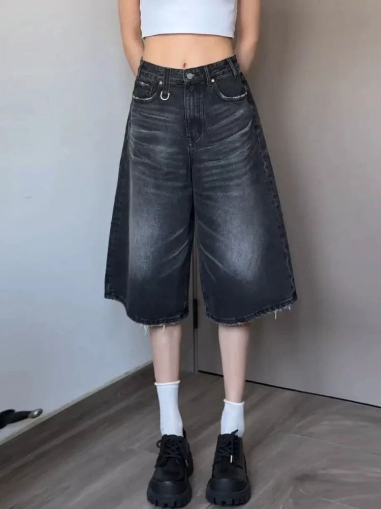 

90s Y2k Retro Low Rise Jorts Brushed Trousers Women Black Wash Cropped Baggy Jeans Casual Fashion Wide Leg Denim Short Pants