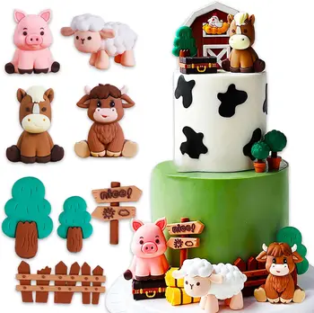 Topper per torta di animali Decorazione di compleanno di animali da fattoria Topper per torta di maiale di mucca per baby shower Festa di compleanno Decorazioni per feste di animali da fattoria