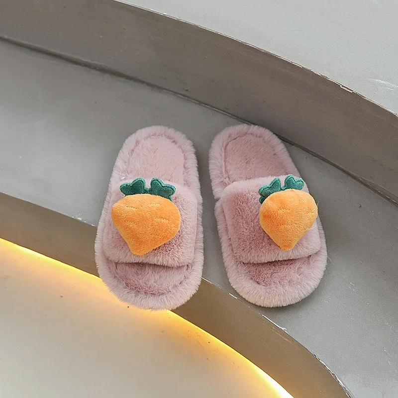 Winter Children's Plush Slippers New Cute Fruit Fashion Girls Warm Indoor Flat Slippers Causal Furry Kids Home Cotton Slippers