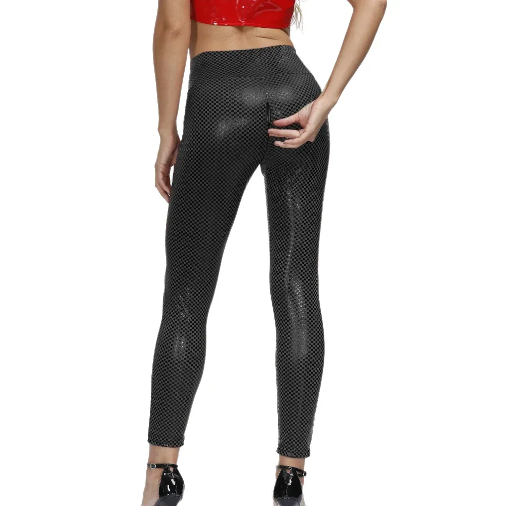 Women Faux Leather Skinny Leggings Pants Shaping Hip Push Up Long Pants Sexy Zipper Open Crotch Tights PU Leather Gym Leggings
