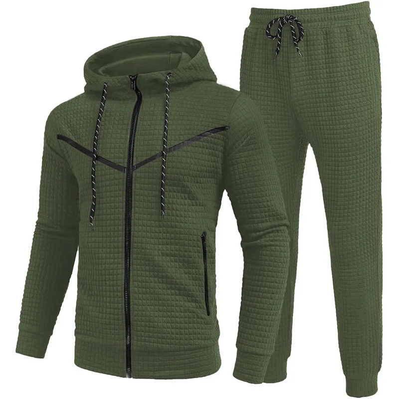 Autumn and Winter 2023 Men's Fashion Trend Casual Sports Running Small Square Zipper Hooded Men's Two-piece Suit